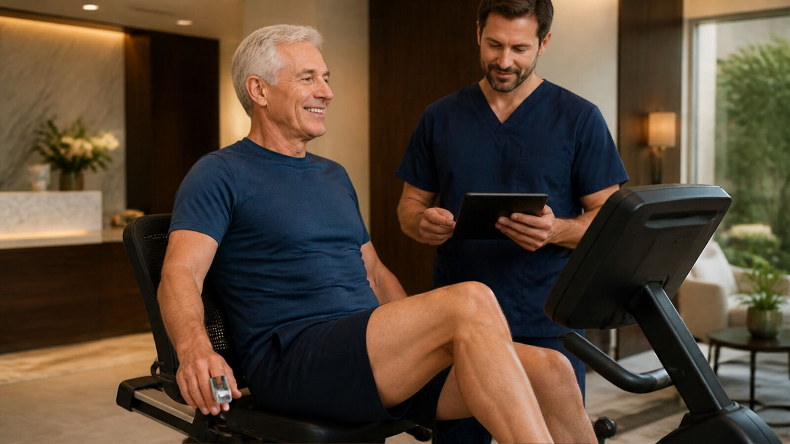 A man rides a recumbent bike wearing a pulse oximeter while a clinician tracks his heart rate