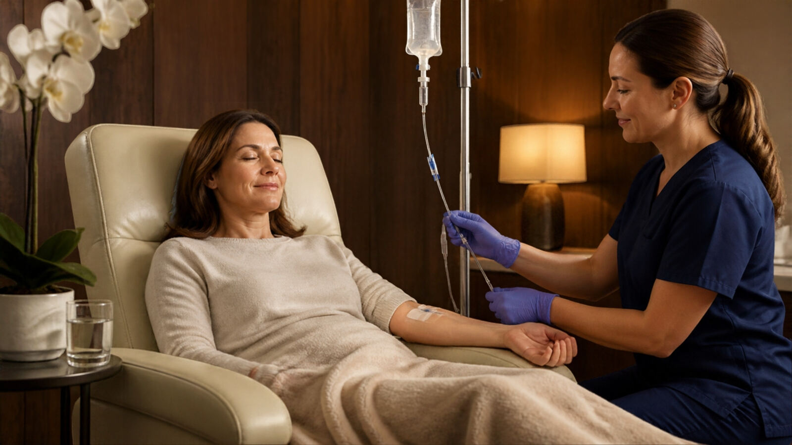 A woman relaxes in a private infusion suite while a nurse checks her IV