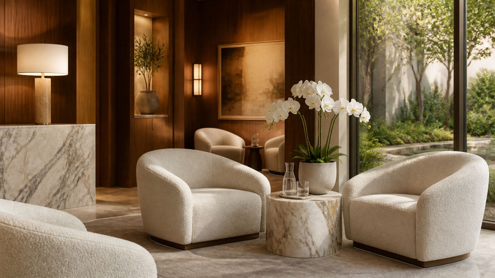 A quiet private clinic lounge with armchairs and orchids