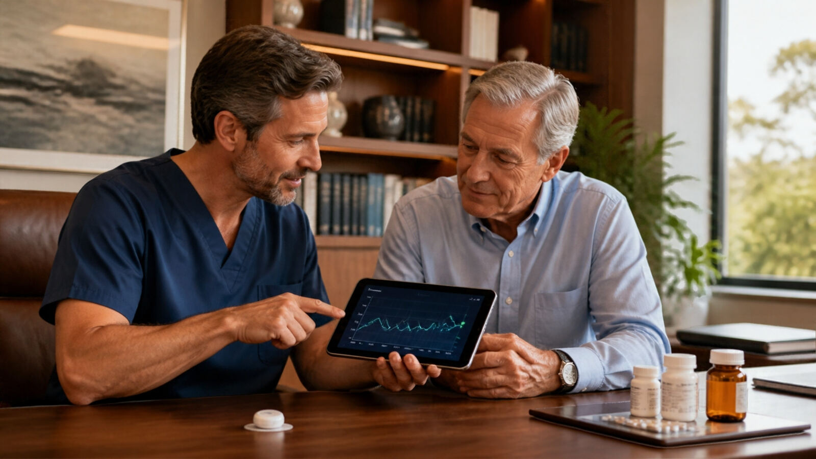 A physician shows a patient his glucose trend beside his medications