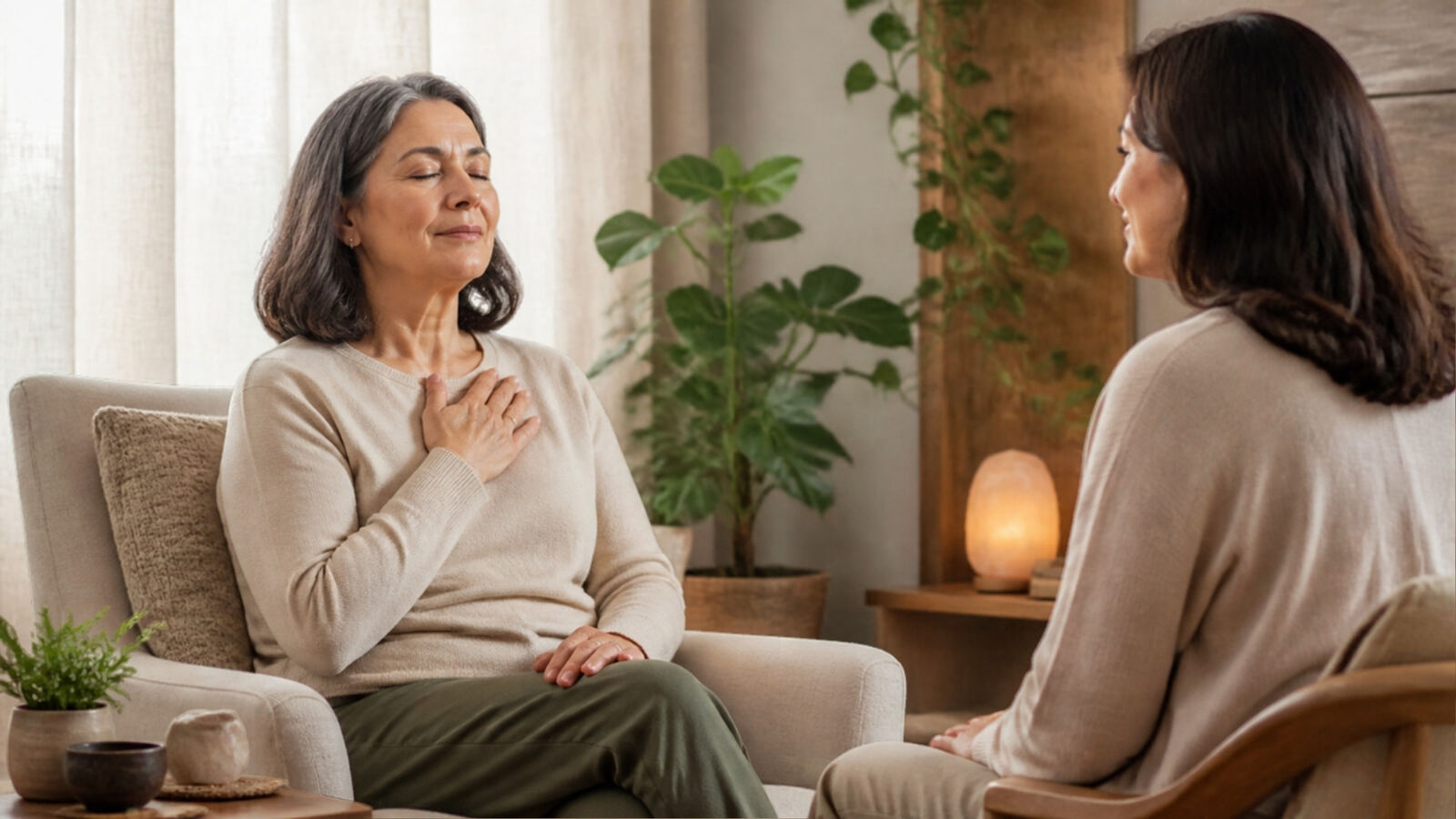 A woman practices guided breathing with a counselor in a calm room