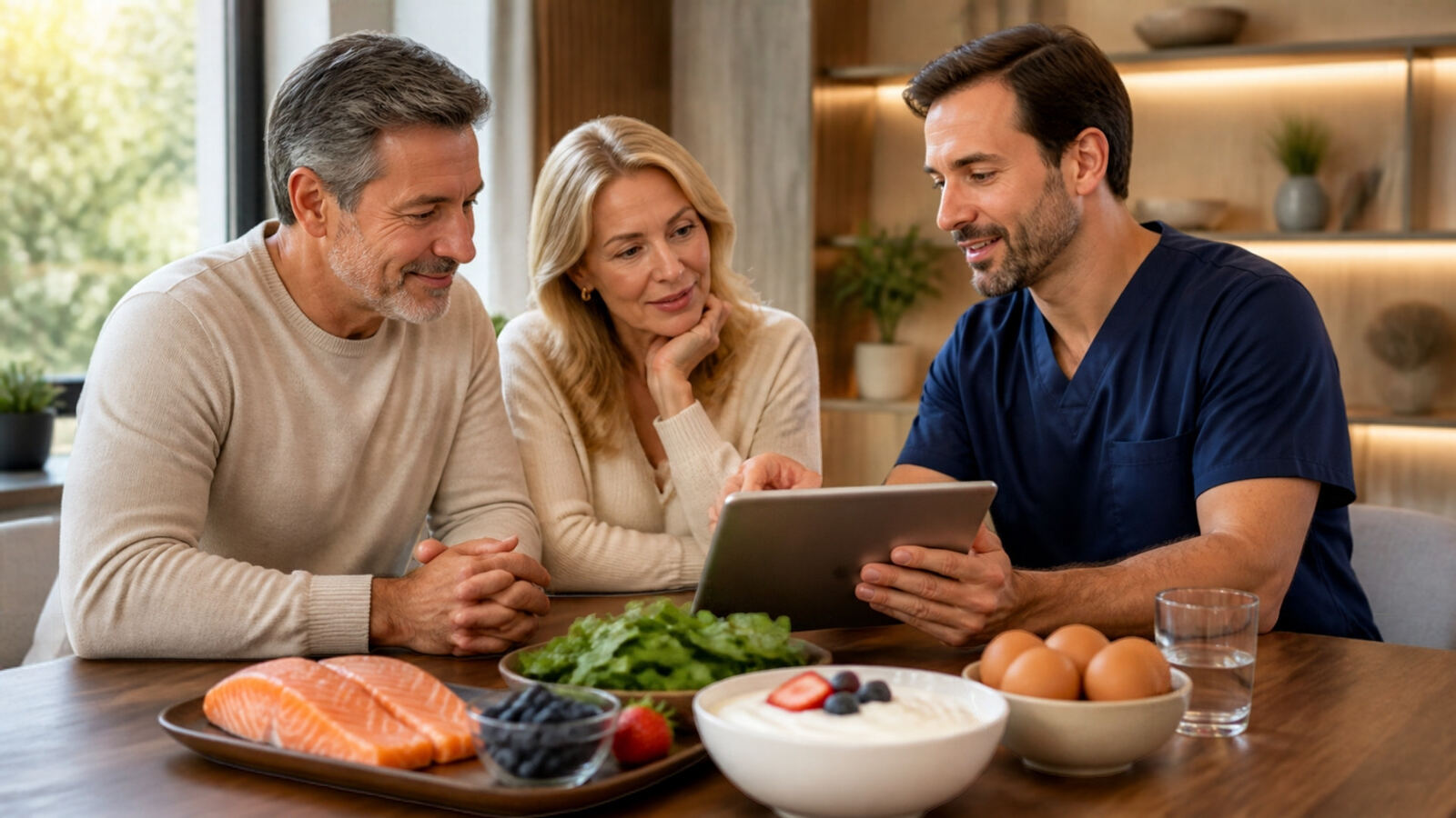 A physician reviews a nutrition plan with a couple over a table of whole foods