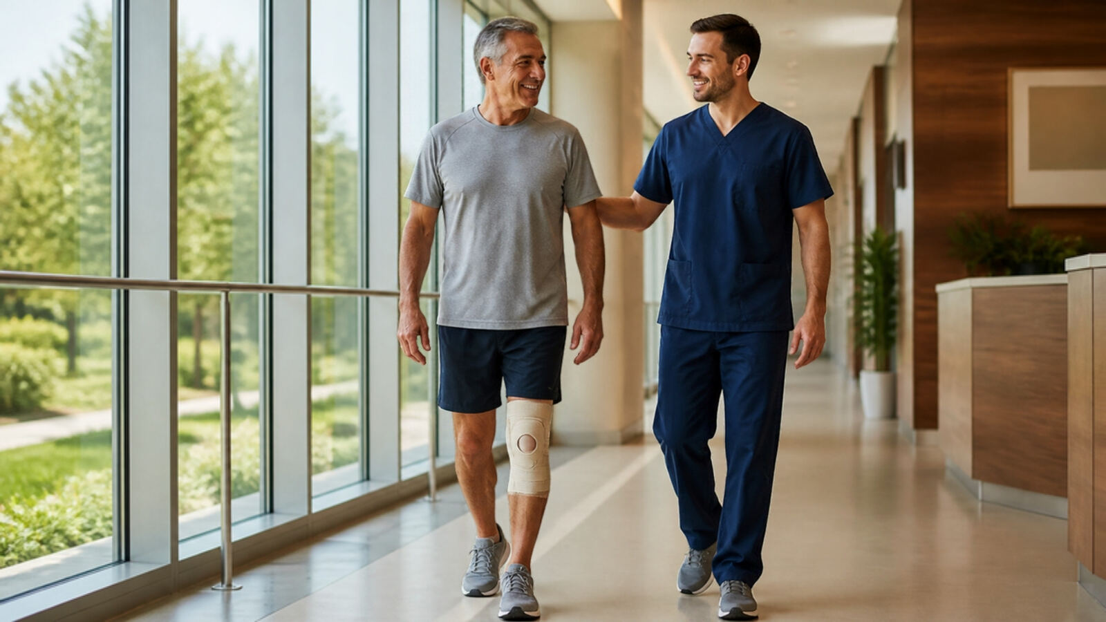 A man in a knee brace walks a bright hallway with his physical therapist