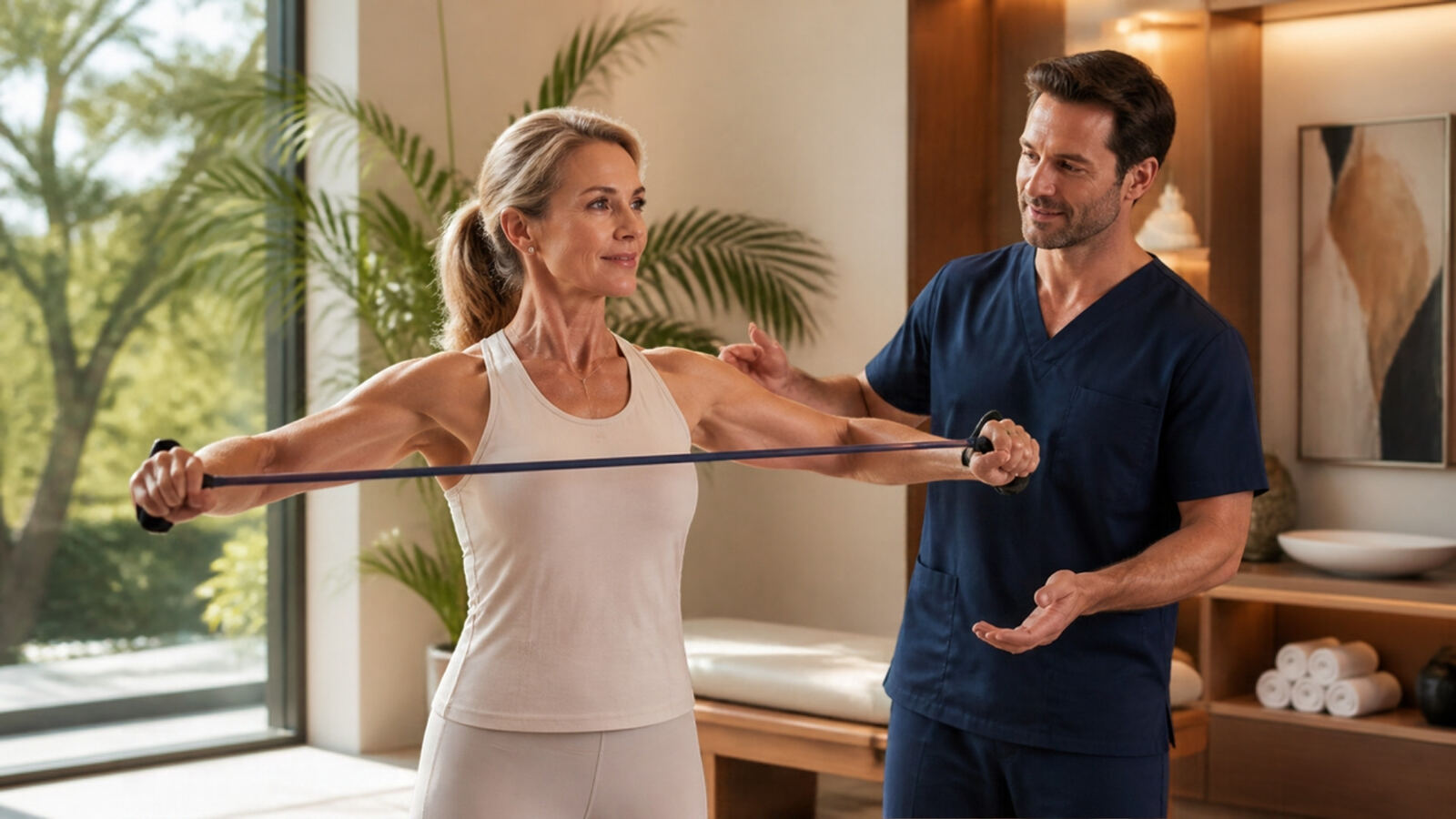 A woman trains with a resistance band beside her physician