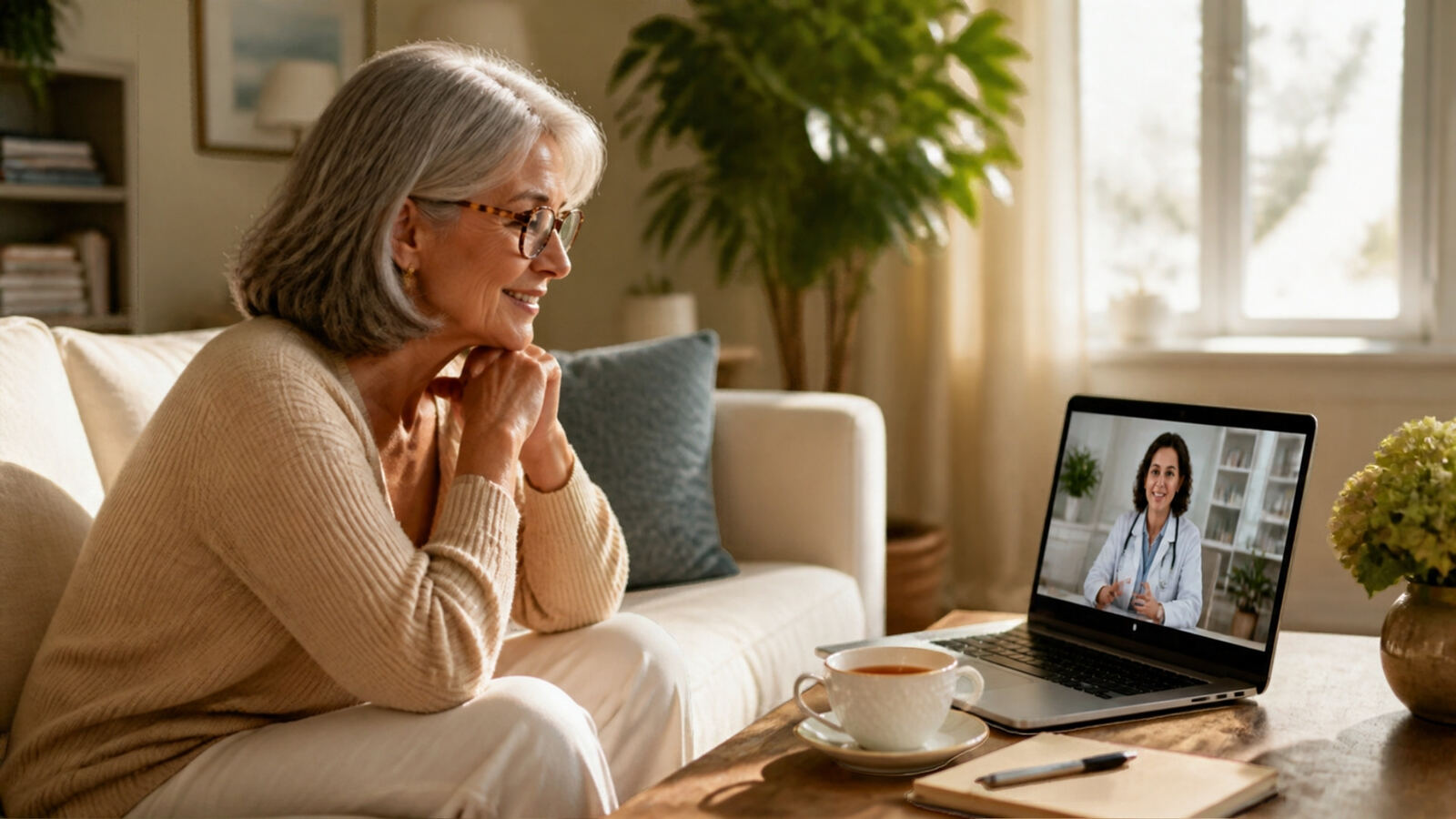 A woman on a video visit with her physician from her living room